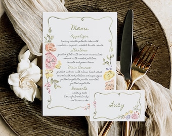 Whimsical Floral Wedding Menu And Place Card: Hand-Drawn Garden Party (Digital Download)