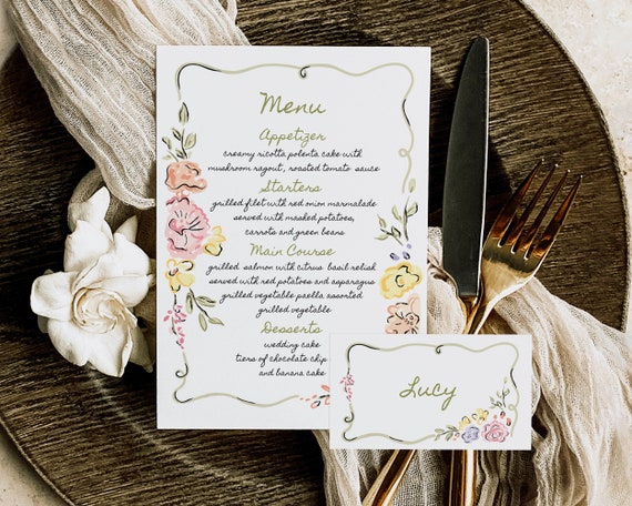 Whimsical Floral Wedding Menu And Place Card: Hand-Drawn Garden Party (Digital Download)