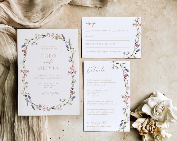Floral Wedding Invitation Set: Wildflower Wreath Invite Suite (Digital Download)