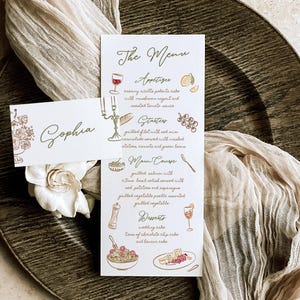 Sjabloon voor menu- en plaatskaarten | Menusjabloon | Plaatskaart | Menugastenkaart | Trouwmenu | Feestmenu | Grillig | Handgetekend voedselmenu