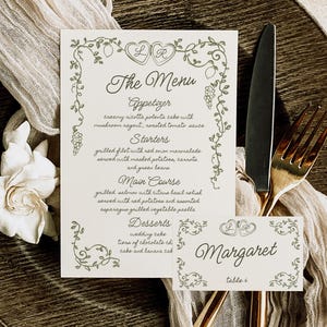 Plantilla de menú y tarjeta de ubicación / Menú dibujado a mano / Tarjeta de ubicación / Tarjeta de invitado al menú / Menú de boda / Menú italiano mediterráneo / Escrito a mano / Divertido