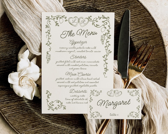 Whimsical Wedding Menu And Place Card: Italian Mediterranean Design (Digital Download)