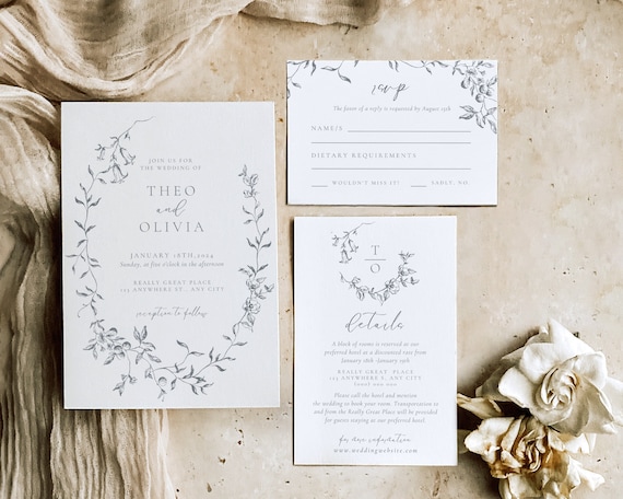 Vintage Floral Wedding Invitation Set: Botanical Crest (Digital Download)