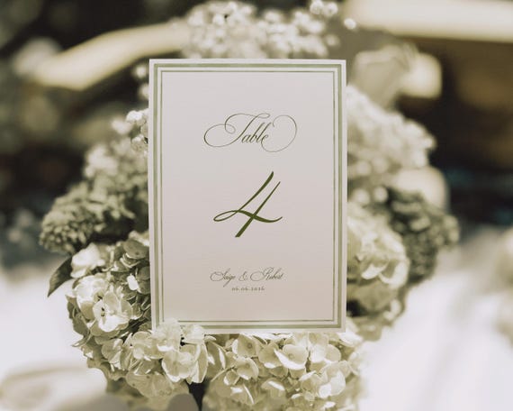 Green Watercolor Wedding Table Number: Elegant Classic Sign (Digital Download)