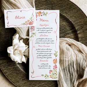 de menu et carte de marque | Modèle de menu floral | marque-places pour menu de mariage | Carte d'hôte | Coloré | Menu Garden-Party | Dessiné à la main