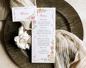 Whimsical Floral Wedding Menu And Place Card: Hand-Drawn Garden Party (Digital Download)