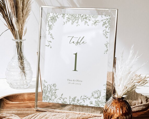 Green Floral Wedding Table Number: Toile De Jouy Sign (Digital Download)