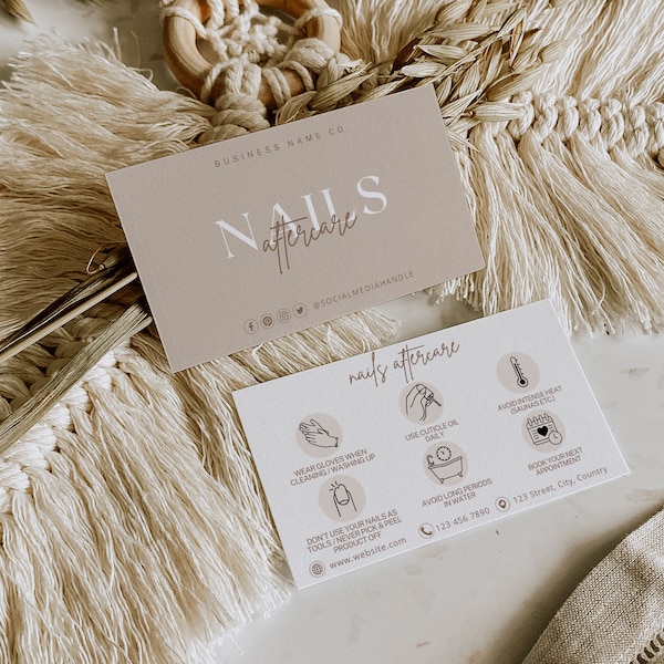 Editable Nails Aftercare Cards | Beige Nails Business Card | Manicure Client Care Template | Beauty Salon Nails Care Card | Nails Advice