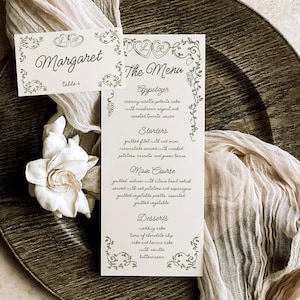 Plantilla de menú y tarjeta de ubicación / Menú dibujado a mano / Tarjeta de ubicación / Tarjeta de invitado al menú / Menú de boda / Menú italiano mediterráneo / Escrito a mano / Divertido