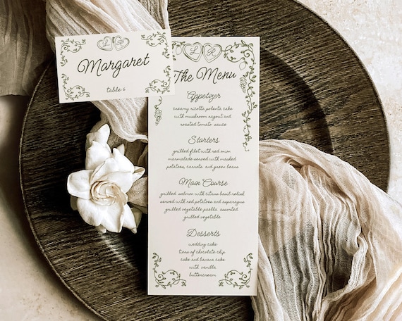 Whimsical Wedding Menu And Place Card: Italian Mediterranean Design (Digital Download)