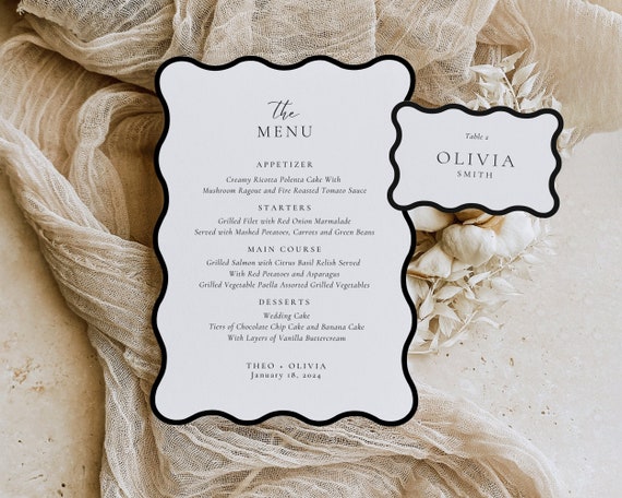 Wavy Wedding Menu And Place Card: Modern Ripple Design (Digital Download)