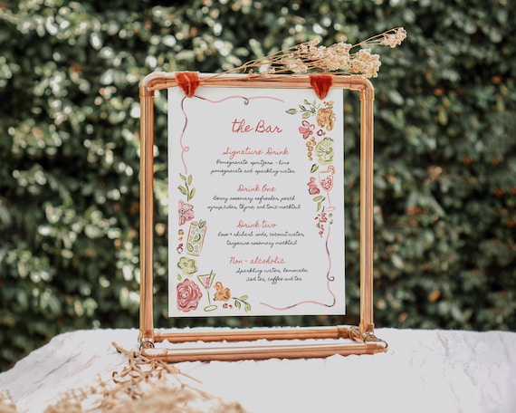 Hand-Drawn Floral Wedding Bar Menu: Whimsical Garden Party Drinks Sign (Digital Download)
