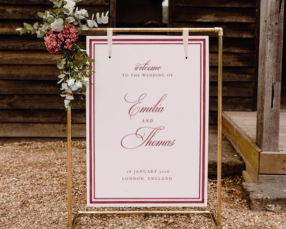 Burgundy Watercolor Wedding Welcome Sign: Luxury Old Money Poster (Digital Download)