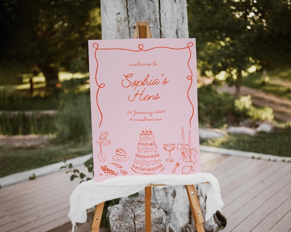 Hand-Drawn Hens Night Welcome Sign: Whimsical Illustrations (Digital Download)