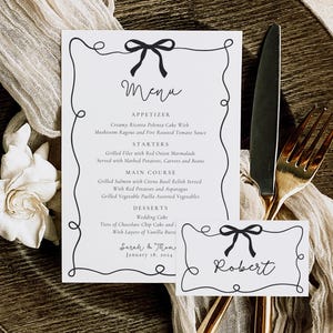 Sjabloon voor menu- en plaatskaarten | Boogmenusjabloon | Plaatskaart | Bow Menu-gastenkaart | Trouwmenu | Feestmenu | Zwarte strik | Trendy | Lint:
