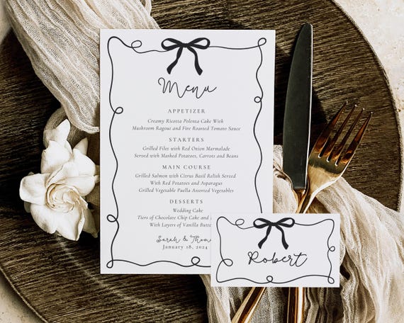 Black Bow Wedding Menu And Place Card: Fun Whimsical Trendy (Digital Download)