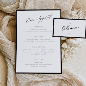 Handgeschreven kaartsjabloon voor menu's en plaatsen | Zwart lijst | Elegante menusjabloon | Minimale plaatskaarten | Menugastenkaart | Trouwmenu | Modern