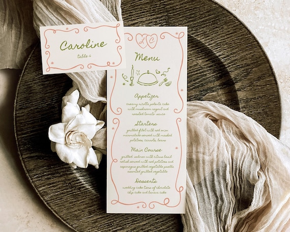 Hand-Drawn Wedding Menu And Place Card: Fun Trendy Illustration (Digital Download)