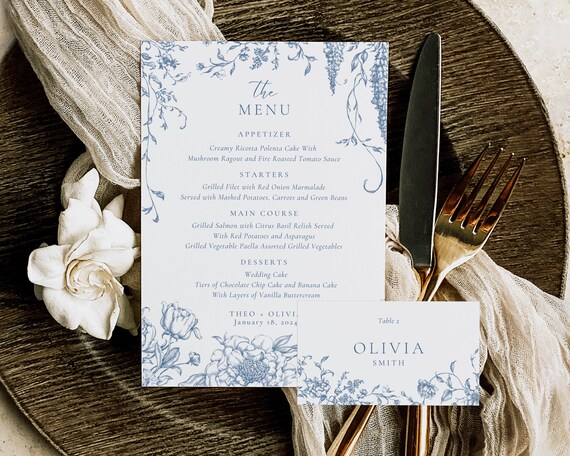 Dusty Blue Floral Wedding Menu And Place Card: Toile De Jouy (Digital Download)