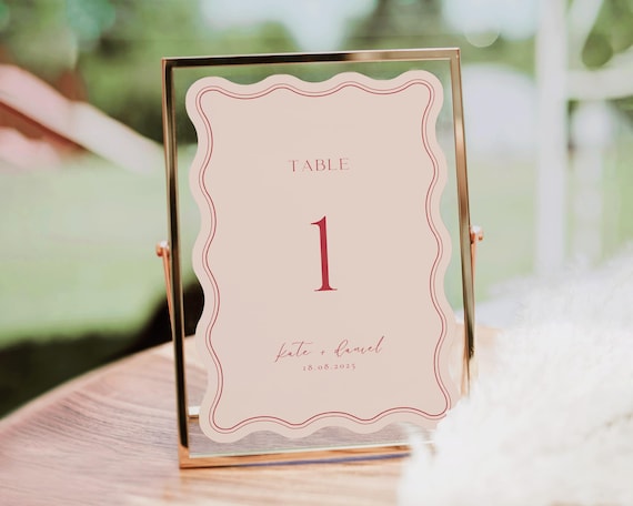 Wavy Wedding Table Number: Pink Scalloped Edge Sign (Digital Download)