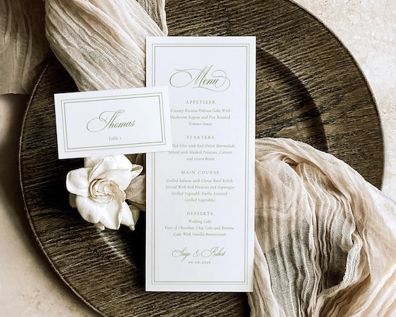 Sage Green Wedding Menu And Place Card: Elegant Reception Template (Digital Download)