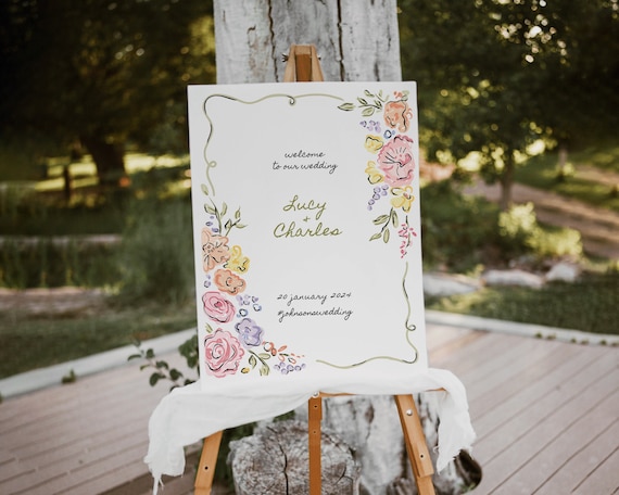 Whimsical Floral Wedding Welcome Sign: Hand-Drawn Garden Party Decor (Digital Download)