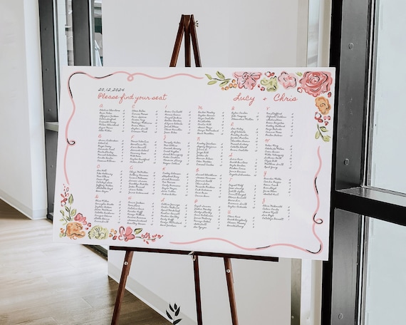 Hand-Drawn Floral Wedding Seating Chart: Whimsical Garden Party Design (Digital Download)