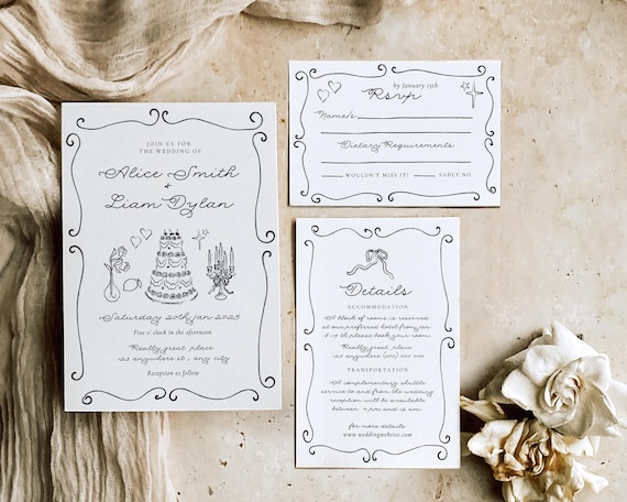 Hand-Drawn Wedding Invitation Template: Whimsical, French Style (Digital Download)