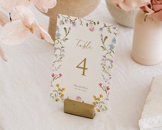 Floral Wedding Table Number: Colorful Wildflowers Template (Digital Download)