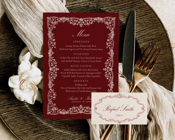 Burgundy Wedding Menu And Place Card: Hand-Drawn Illustrations (Digital Download)