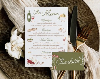 Menu & Place Card Template | Menu Template | Place Card | Menu Guest Card | Wedding Menu | Wedding Party Food Menu | Whimsical | Hand Drawn