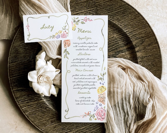 Whimsical Floral Wedding Menu And Place Card: Hand-Drawn Garden Party (Digital Download)