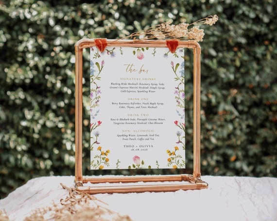 Floral Wedding Bar Menu Template: Colorful Wildflowers Drinks Sign (Digital)