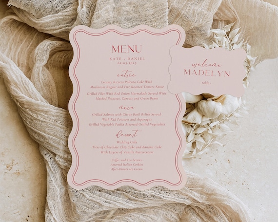 Wavy Wedding Menu And Place Card: Pink Scalloped Edge (Digital Download)