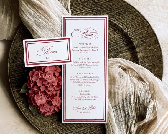 Burgundy Watercolor Wedding Menu And Place Card: Luxury Old Money Reception Template (Digital Download)