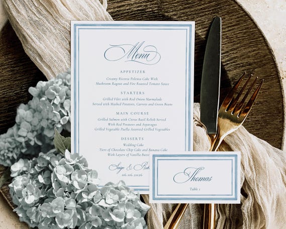 Blue Watercolor Wedding Menu And Place Card: Elegant Classic Reception Template (Digital Download)