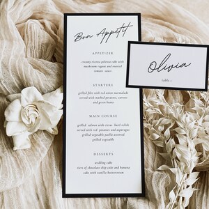 Plantilla de menú y tarjeta de ubicación manuscrita / Marco negro / Plantilla de menú minimalista / Tarjetas de ubicación / Tarjeta de menú para invitados / Menú de boda / Moderno
