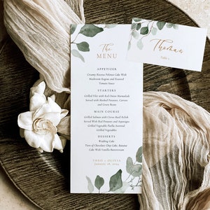 Modello di menu di eucalipto verde e modello di biglietto segnaposto, biglietto segnaposto di eucalipto verde, biglietto da tavolo verde, matrimonio Boho, biglietto per gli ospiti con menu a foglia