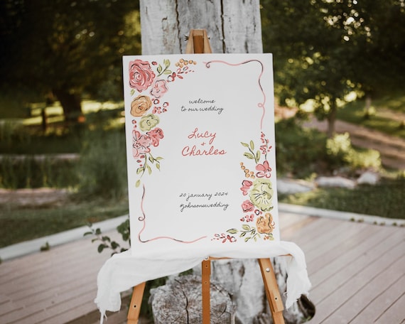 Hand-Drawn Floral Wedding Welcome Sign: Whimsical Garden Party (Digital Download)
