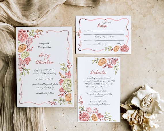 Whimsical Floral Wedding Invitation Suite: Hand-Drawn Garden Party Invite (Digital Download)