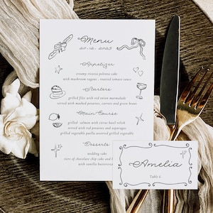 Plantilla de menú y tarjeta de ubicación / Plantilla de menú caprichosa / Dibujada a mano / Tarjeta de ubicación / Tarjeta de invitado al menú / Menú de boda / Menú de comida para fiesta de boda