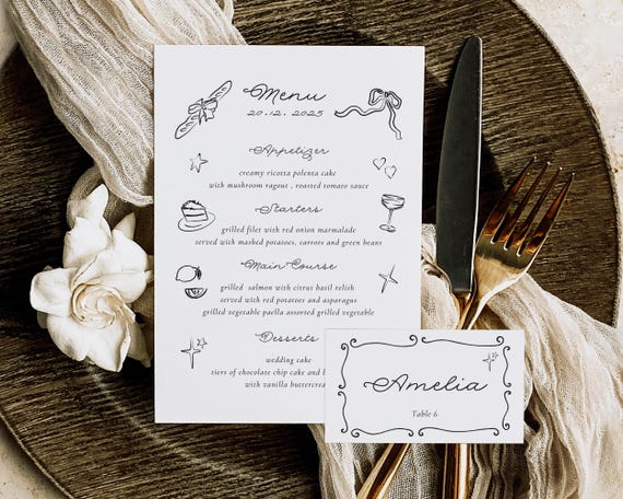 Whimsical Wedding Menu And Place Card: Hand-Drawn Illustrations (Digital Download)