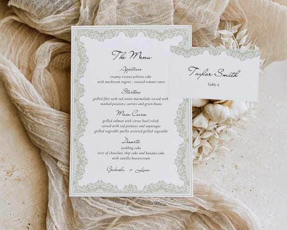 Vintage Lace Frame Wedding Menu And Place Card: Green Floral (Digital Download)