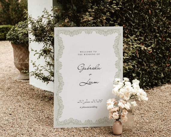 Vintage Lace Frame Wedding Welcome Sign: Green Floral Sign (Digital Download)