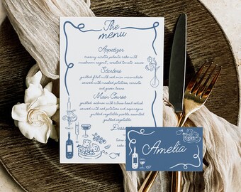 Menu & Place Card Template | Hand Drawn Menu Template | Place Card | Menu Guest Card | Wedding Menu | Whimsical | Wedding Party Food Menu