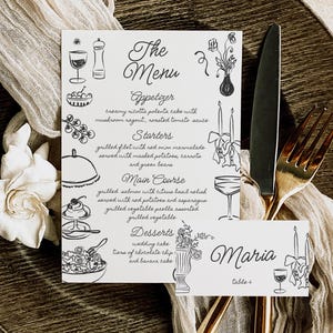 Plantilla de menú y tarjeta de ubicación / Plantilla de menú dibujada a mano / Tarjeta de ubicación / Tarjeta de invitado al menú / Menú de boda / Ilustraciones / Divertidas y originales escritas a mano
