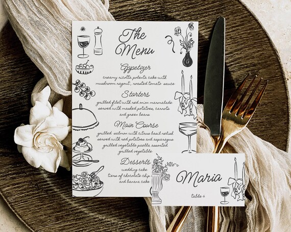 Hand-Drawn Wedding Menu And Place Card: Whimsical Dinner Illustrations (Digital Download)