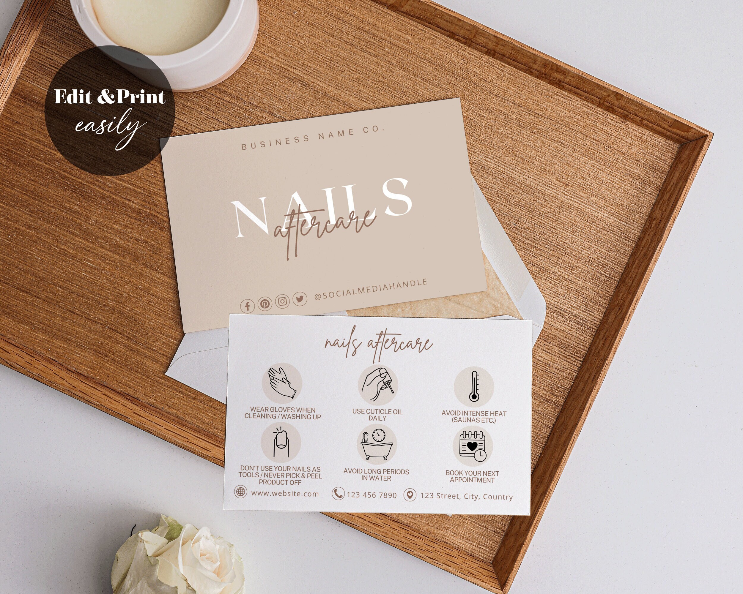 Editable Nails Aftercare Cards Beige Nails Business Card Manicure ...