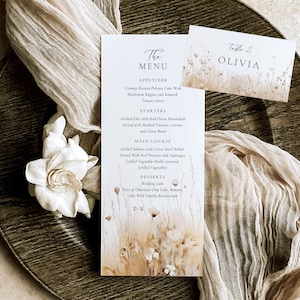 Plantilla de tarjeta de lugar y menú de flores silvestres, Plantilla de menú de flores, Menú de boda floral, Tarjeta de lugar de flores, Tarjeta de invitado de menú, Boda bohemia de otoño