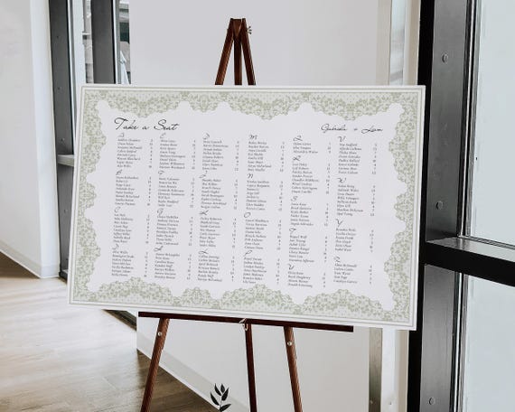 Vintage Lace Frame Wedding Seating Chart: Green Floral Sign (Digital Download)